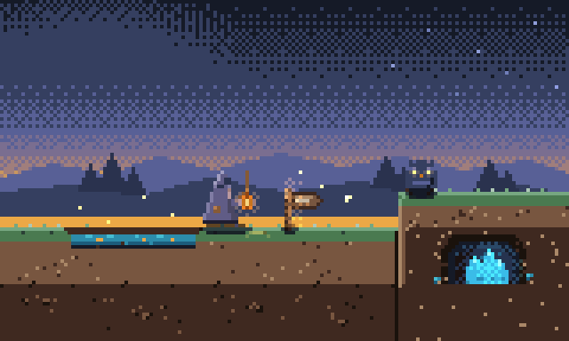dusk side-scroller scene, drawn and animated entirely by agents